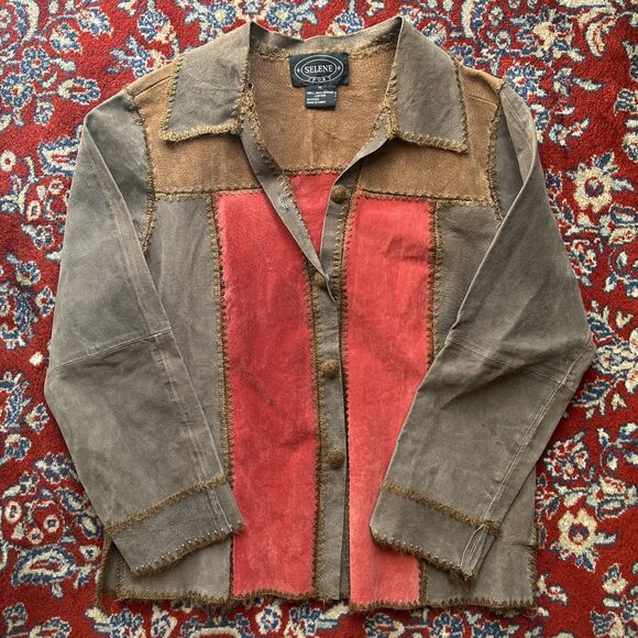 Vintage Selene Sport Leather Jacket Patchwork Stitches Button Front Medium - Picture 1 of 7
